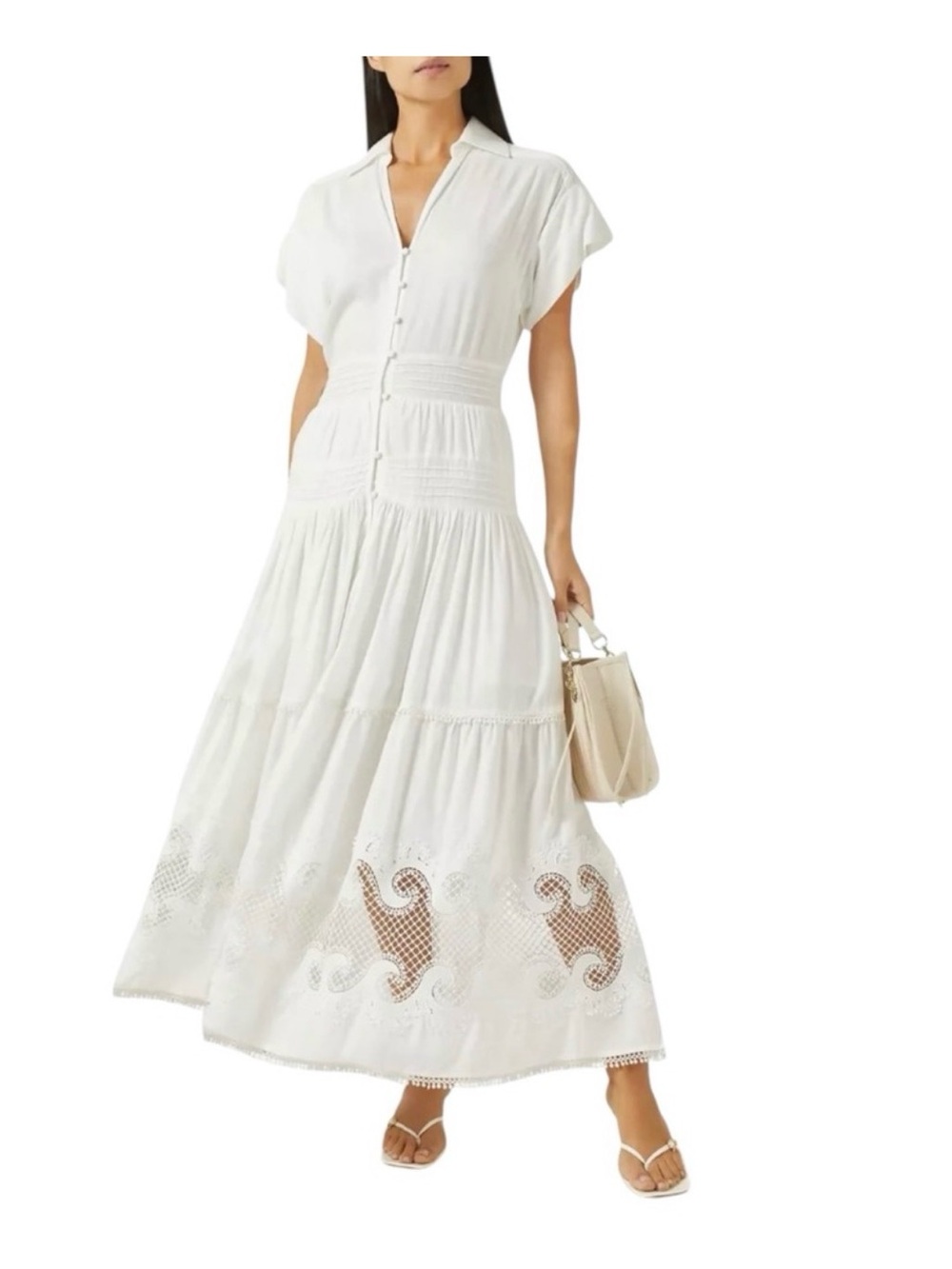 NWT Maje Embroidered & Crochet Ruffled Maxi Dress White Size 40 US 8 10 US M L